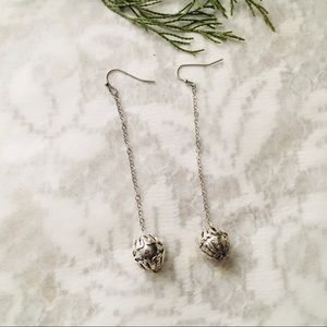Dainty Jingle Ball on Long Silver Chain Dangle Earrings